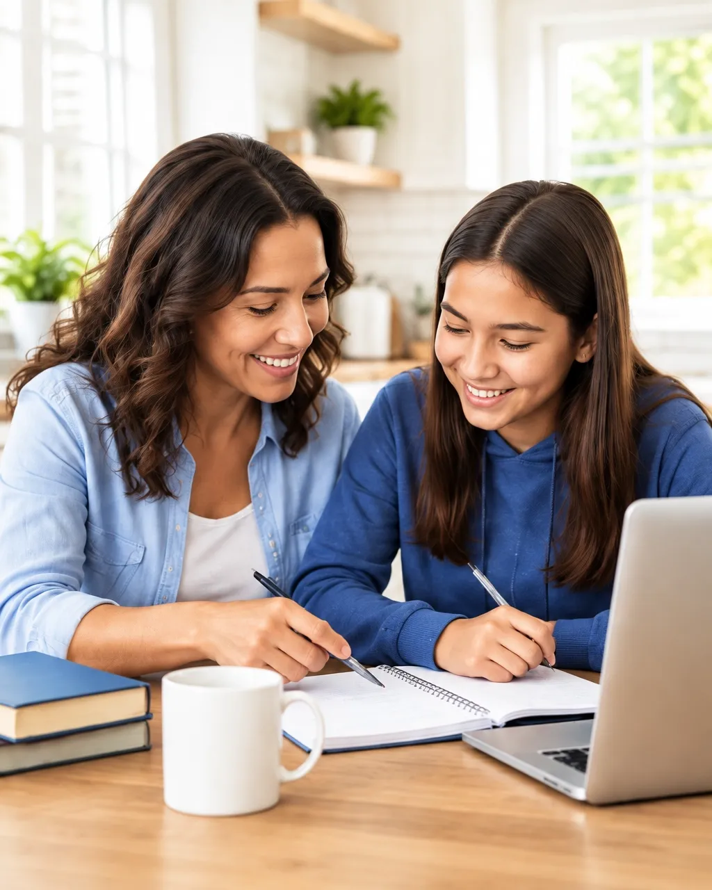 Middle school learner planning at a bright kitchen table